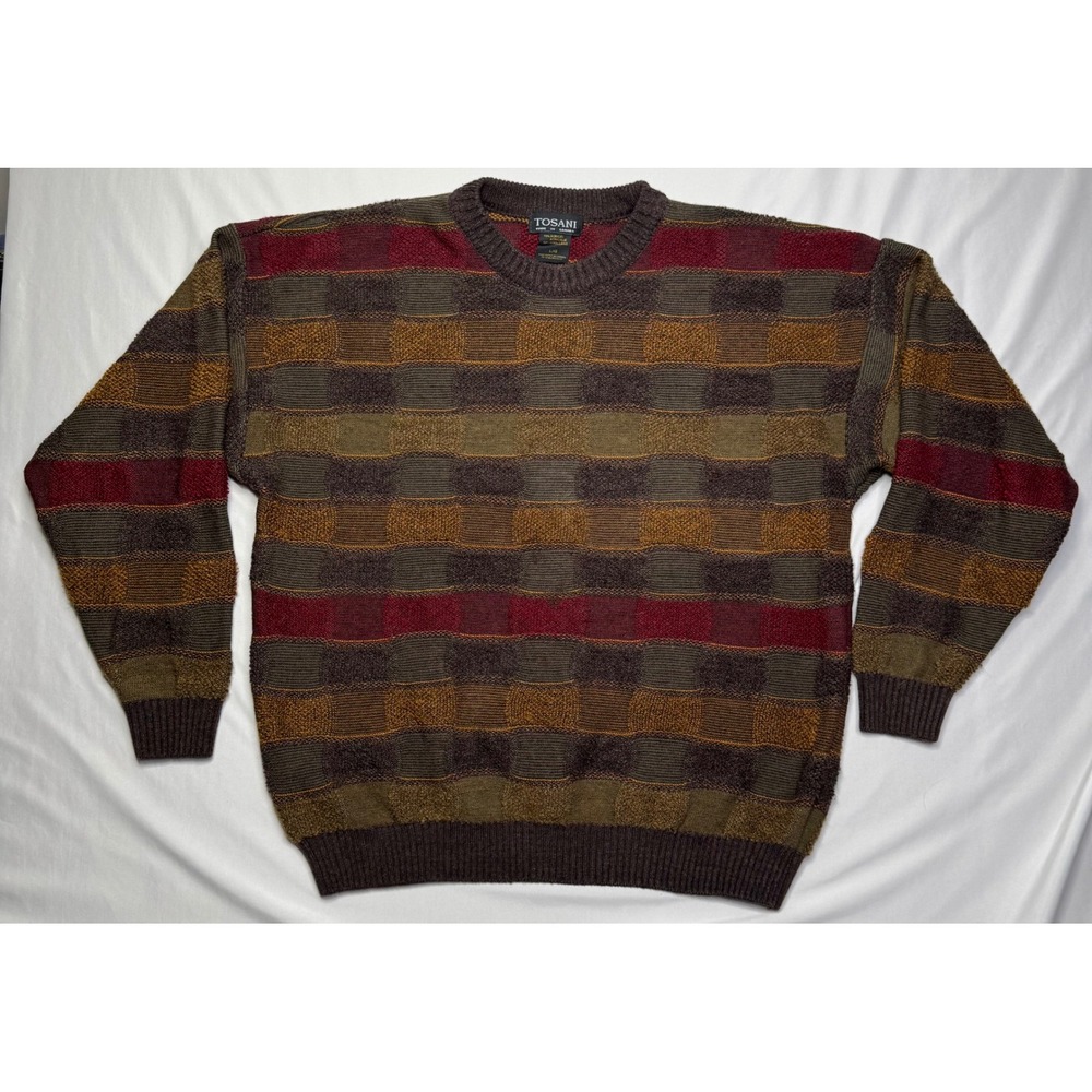 Vintage Tosani Mens Large 3D Knit Sweater Geometric Block Grandpa Canada 90s